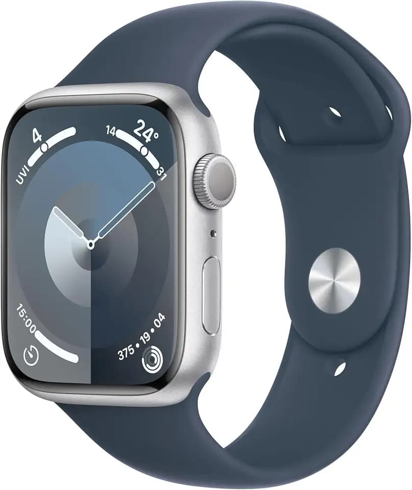 Apple Watch Series 9 (GPS, 45 mm) Smartwatch mit Aluminiumgehäuse in Silber und Sportarmband M/L in Sturmblau. Fitnesstracker, Blutsauerstoff und EKG Apps, Always-On Retina Display, Wasserschutz