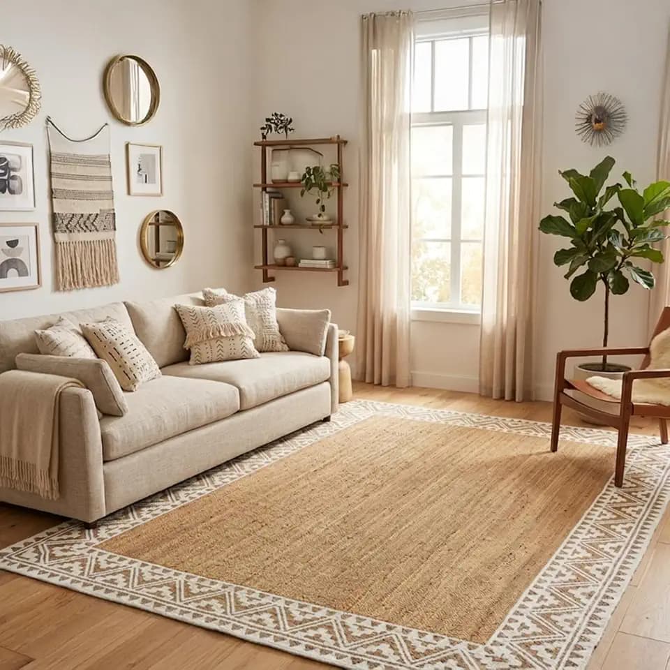 voyzz home 5X8 Feet-Rectangular, Premium Natural Jute Braided Area Rug, White Printed Border, Stain Resistance, Natural Brown, Handmade Rug for Entryways, Living Room, Dining Room, Bedroom, Farmhouse