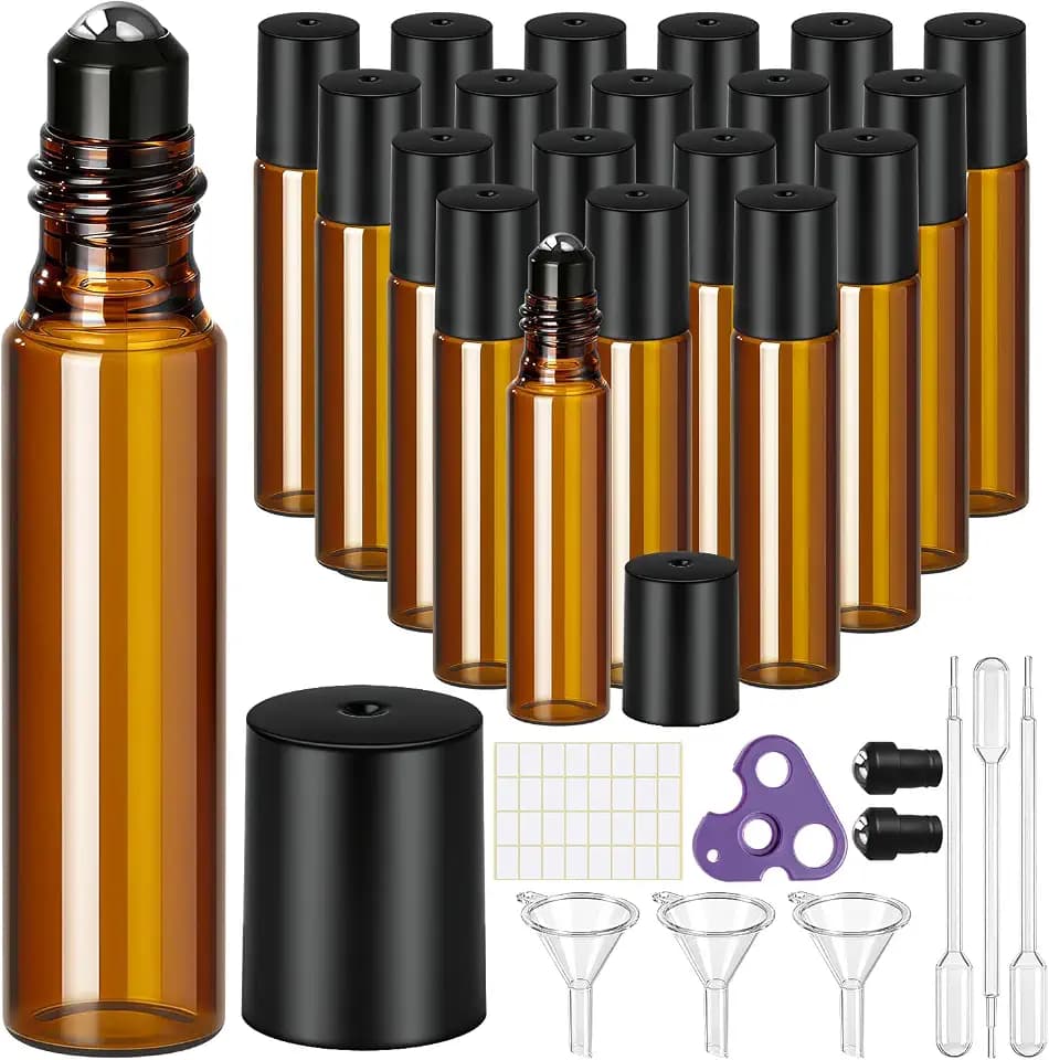 30Pcs Roller Bottles for Essential Oils, 10ML/0.35OZ 20Pcs Glass Empty Amber Roller Ball Applicator with Funnels Labels Dropper Bottle Opener