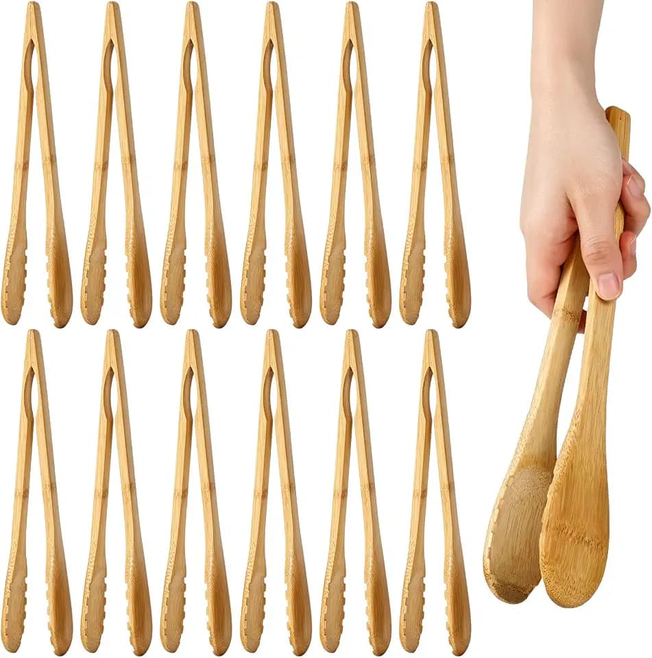 12 Pack 12" Bamboo Cooking Tongs, Wooden Tong for Kitchen Use