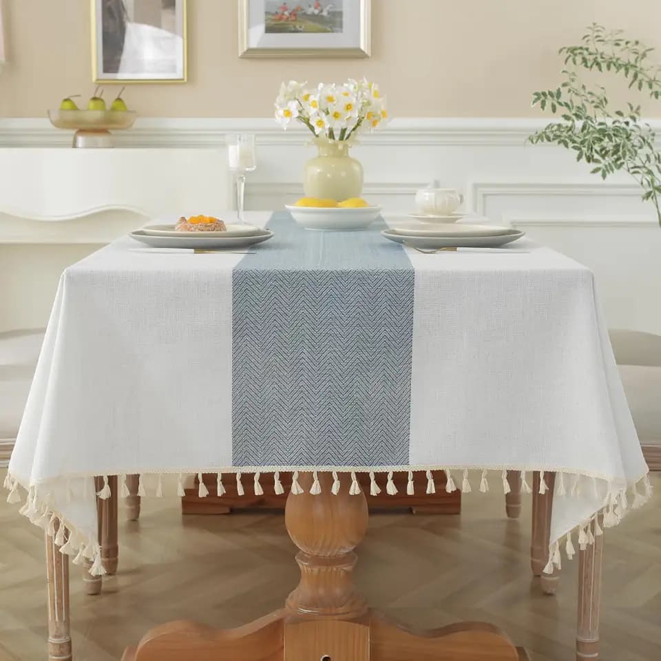 Alsoo Blue Tablecloth Rectangle 55 x 75 Inch, Waterproof Fade Resistant Table Cloth Cotton Linen Fabric for Outdoor Beach Coastal Dining Picnic Summer