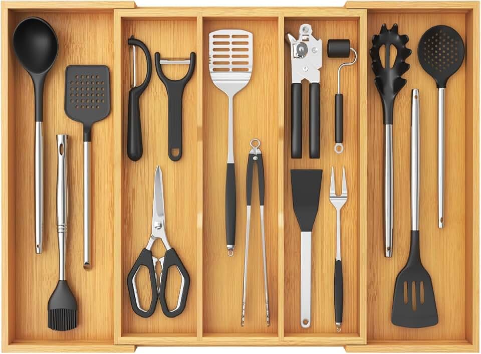 Lifewit Bamboo Utensil Organizer for Kitchen Drawer, Cooking Utensil Tray