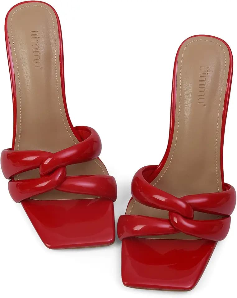 iiimmu 3.5 IN High Heels Mules Open Toe Heeled Sandals Faux Patent Leather, Red, Size 7.5