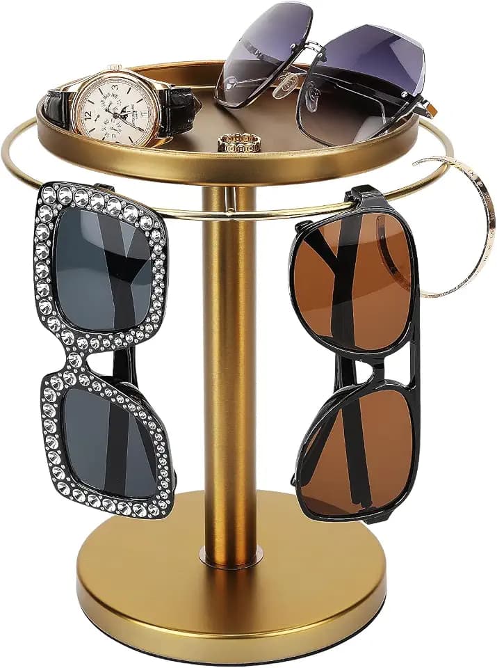 kondyfayo 360° Rotating Sunglass Organizer Storage, Stainless Steel Glasses Holder Stand, Glasses Organizer with Tray for Desk, Dresser, Tabletop, Nightstand and Home Decor (Gold)