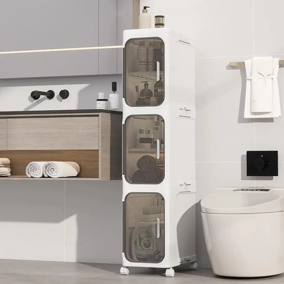 3 Tier Slim Bathroom Storage Cabinet, Foldable and Movable, White