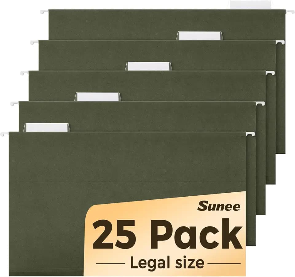 SUNEE Legal Size Hanging File Folders (9.2"x14.8"), 25 Pack Reinforced Hang Folders, Adjustable 1/5-Cut Tabs, Designed for Bulky Files, Filing Cabinet, Standard Green