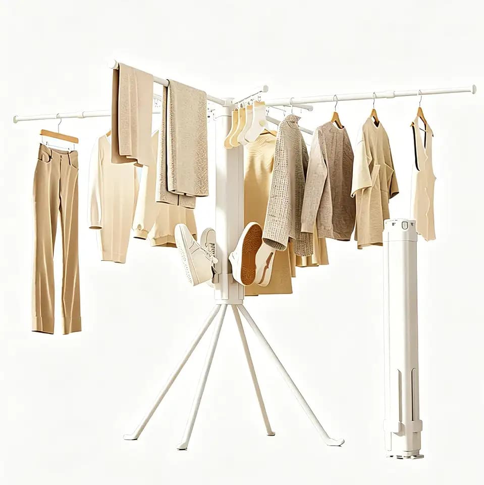 Adjustable Collapsible Umbrella Style Clothes Drying Rack, 4Legs6Telescopic Arms, Space-Saving Freestanding Laundry Airer with Windproof Clips, Easy Setup Indoor Outdoor (White-Plastic)