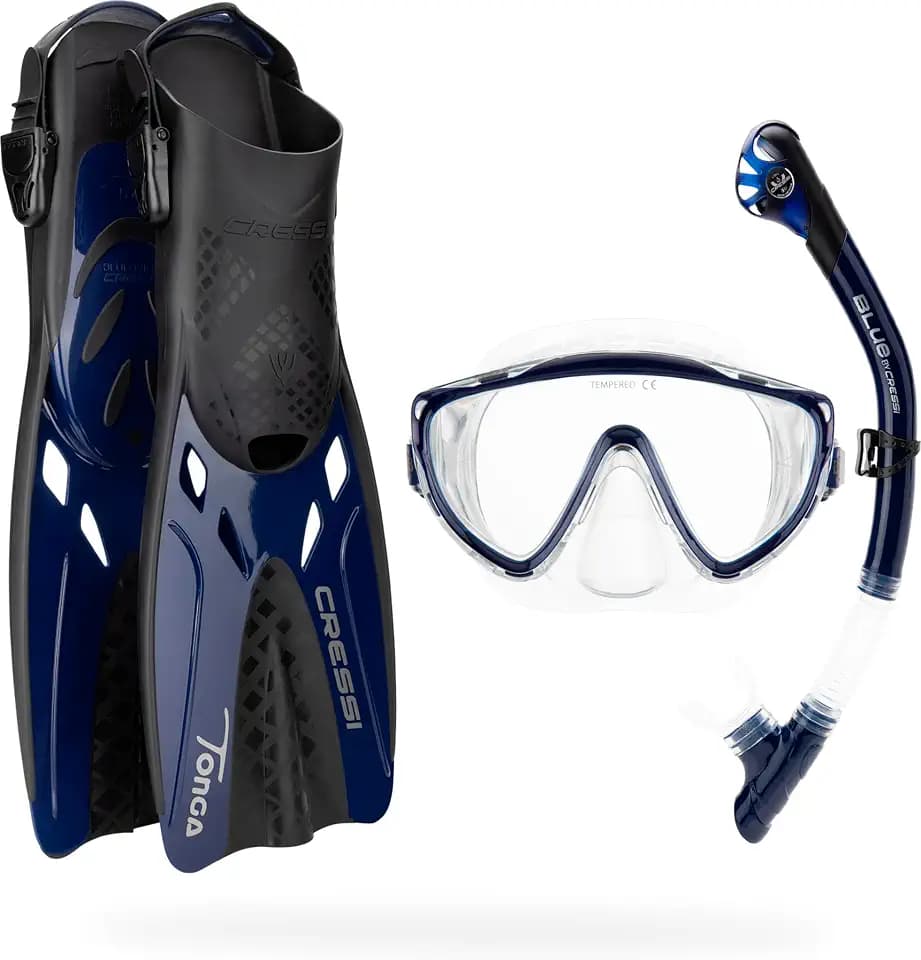 Cressi Snorkeling Set- Short Adjustable Fins, Silicone Mask, and Dry Snorkel- Compact for Travel- Adventure Set- Designed in Italy
