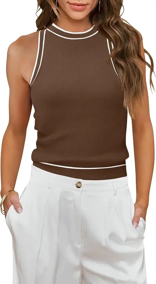 MIHOLL Women Ribbed Halter Neck Tank Top Summer Sleeveless Racerback Cropped Cami Tops Trendy Slim Fit Shirt