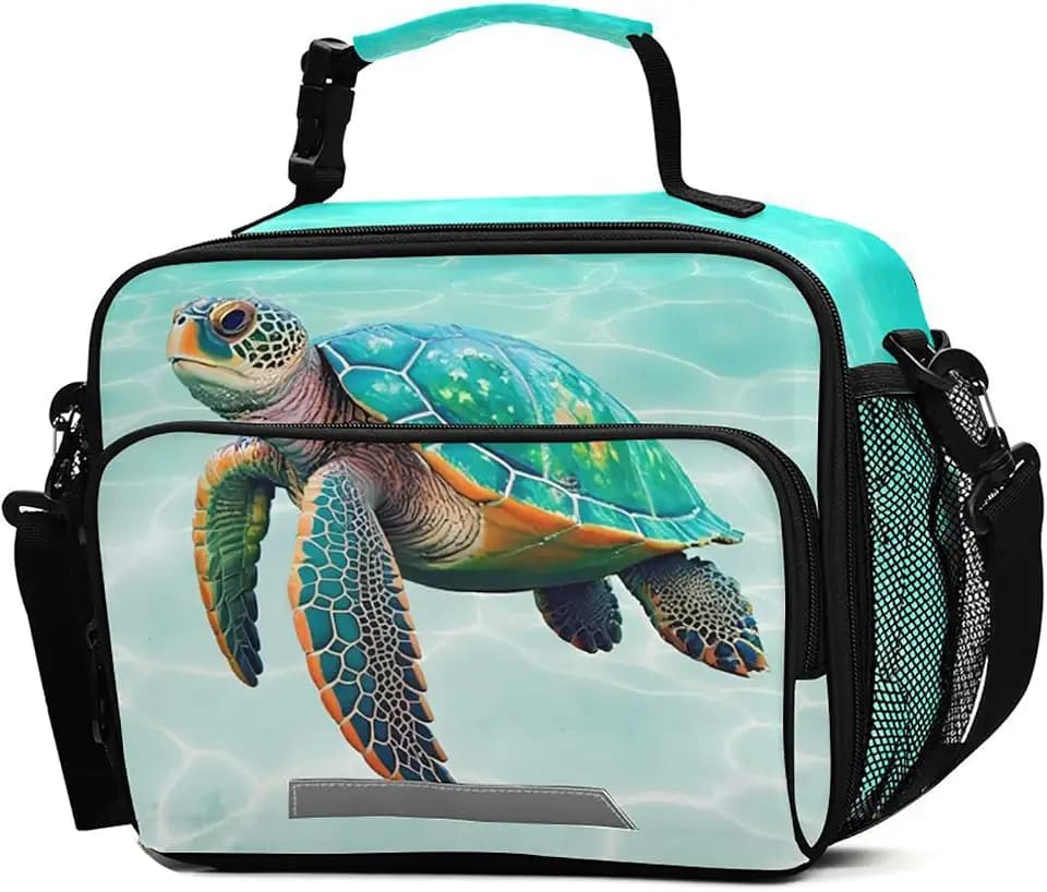 Sea Turtle Teal Lunch Box for Boys Girls Insulated Lunch Bag Kids Cooler Tote Shoulder Strap Reusable School Picnic Travel Office