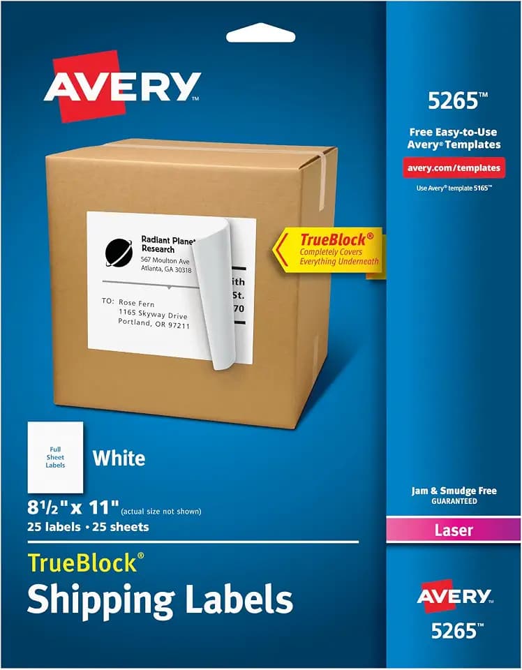Avery Full-Sheet Printable Shipping Labels, 8.5" x 11" Customizable Stickers, White, 25 Blank Mailing Labels, Great for Mailing, Shipping, Organizing, and More (5265)