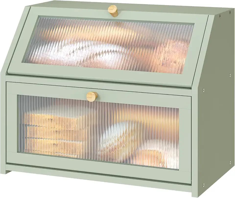 Green Bread Box for Kitchen Counter, Large Bamboo Wood Double Layer Bread Box, Wooden Bread Storage Capacity