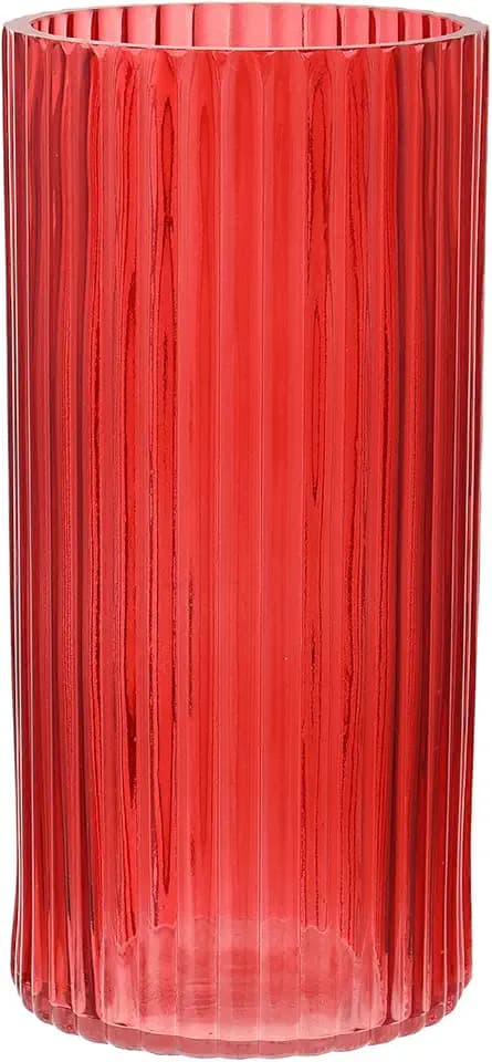 Red Glass Vase for Flowers, Ribbed Glass Vase for Tulips, Modern Red Vases, Tall Cylinder Glass Vases for Living Room, Bedroom, Dining Table, Office, Wedding, Bookshelf, 10 Inches