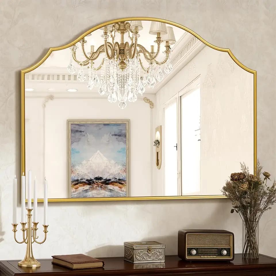 Scalloped Gold Wall Mirror, 36x26 Inch Arched Mirror Decorative, Elegant Mirror Wall Decor for Entryway, Bathroom Vanity, Hallway, Fireplace