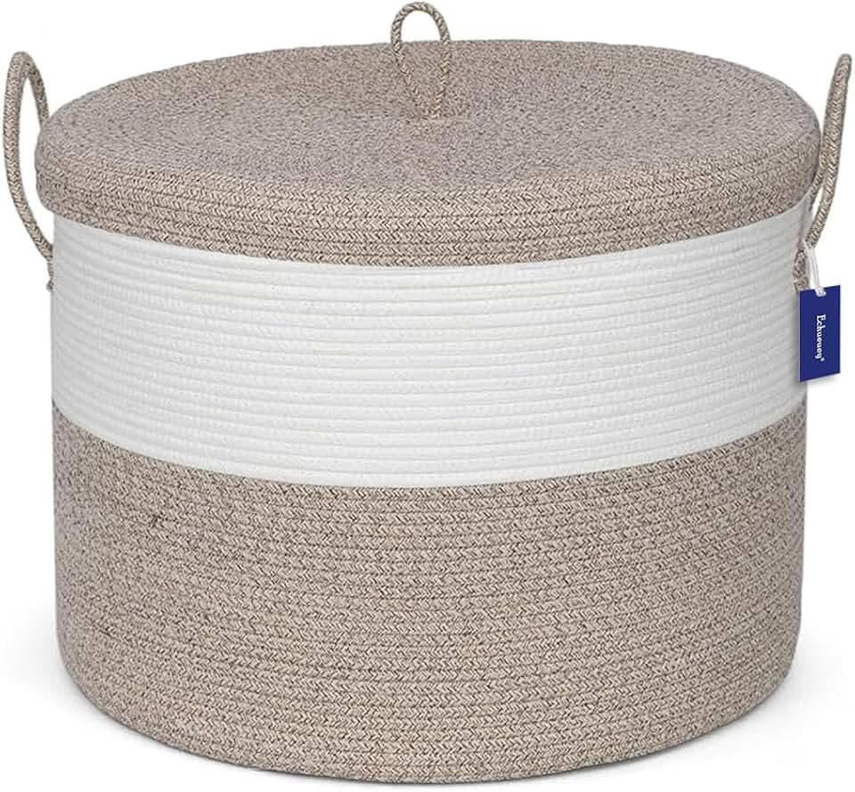 21" x 18" Extra Large storage baskets,Decorative blanket basket with lid for Living room,rope baskets with lid,wicker hamper for bedroom,Big,Round,White & Brown 115L
