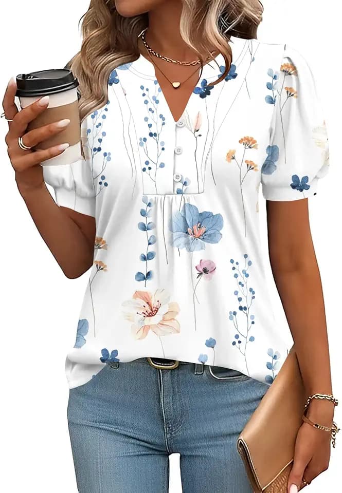 IECCP Womens Tops Puff Short Sleeve Shirts Dressy Casual V-Neck Blouses