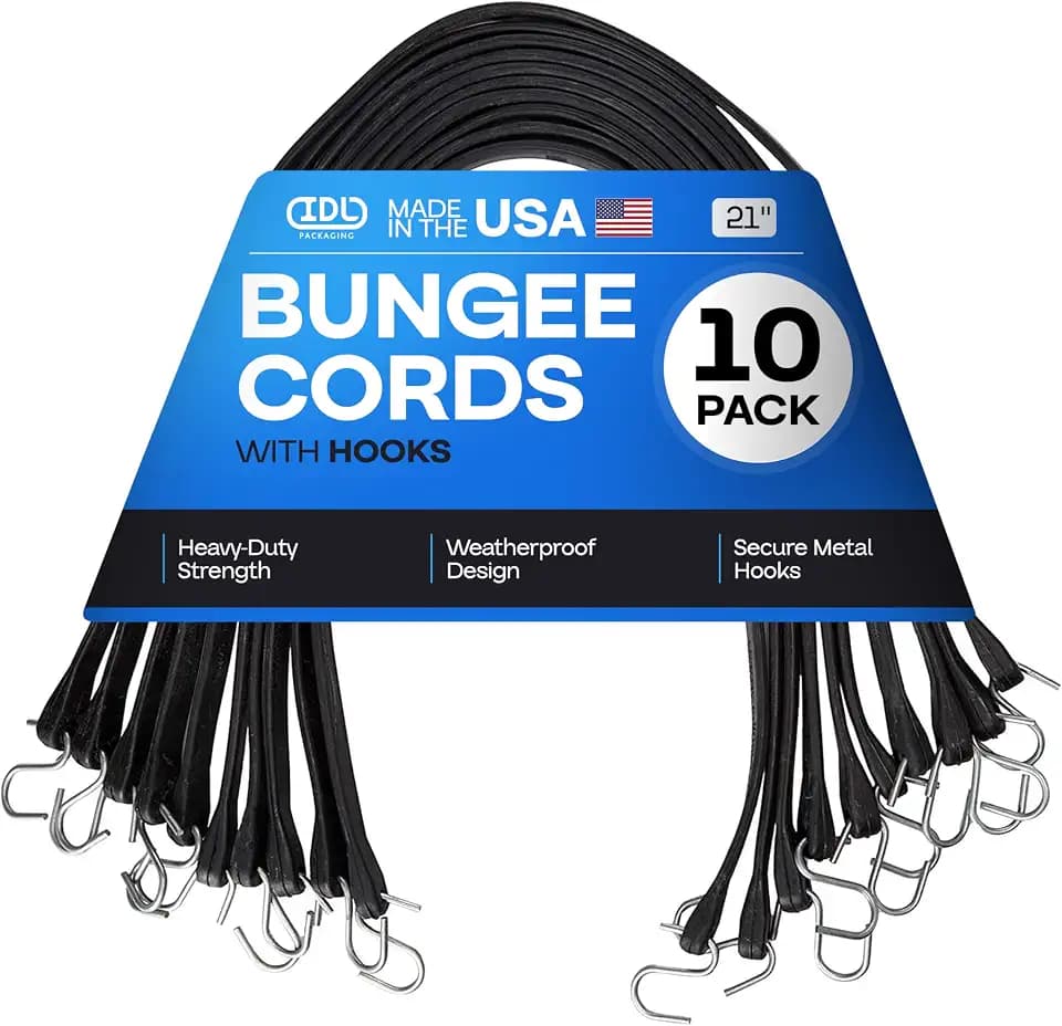21-inch Bungee Cords with Hooks, 10-Pack - USA-Made 100% EPDM Tarp Straps with Metal Crimped S Hooks - Heavy-Duty Black Bungee Cord for Outdoor, Canvas Canopies, Motorcycle & Cargo by IDL Packaging