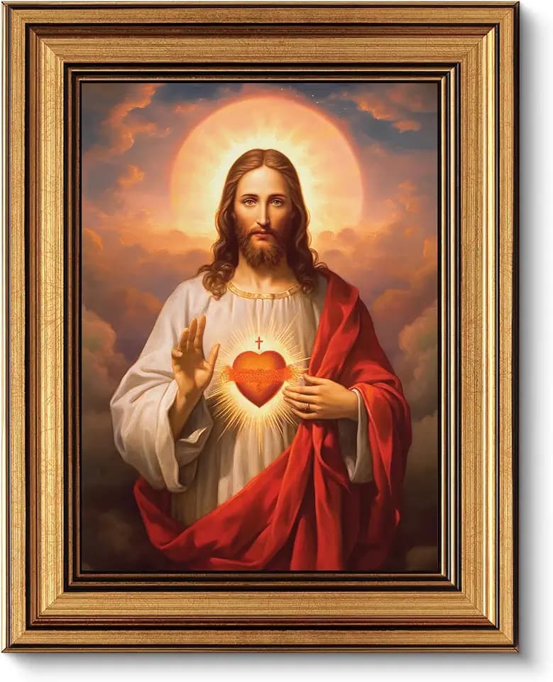 Vintage Gold Framed Jesus Wall Art Sacred Heart of Jesus Picture Wall Decor Divine Mercy Picture Canvas Prints Christ Portrait Christian Religious Artwork for Living Room Bedroom(16x24inch)