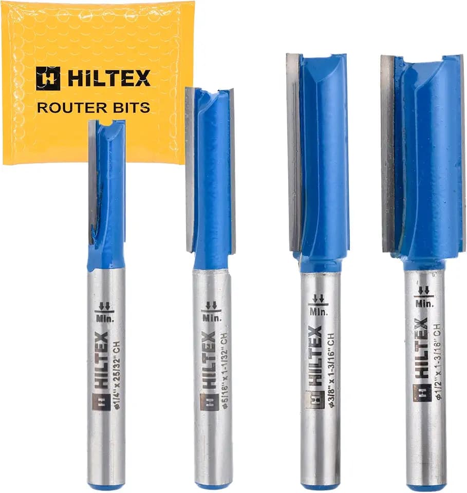 HILTEX 10101H Double-Flute Straight Cut Router Bit Set, 4 Pieces, 1/4 Inch Shank, CNC Woodworking Tool, 1/4" 5/16" 3/8" 1/12" Cutting Diameter for Dado Grooving and Edge-Routing