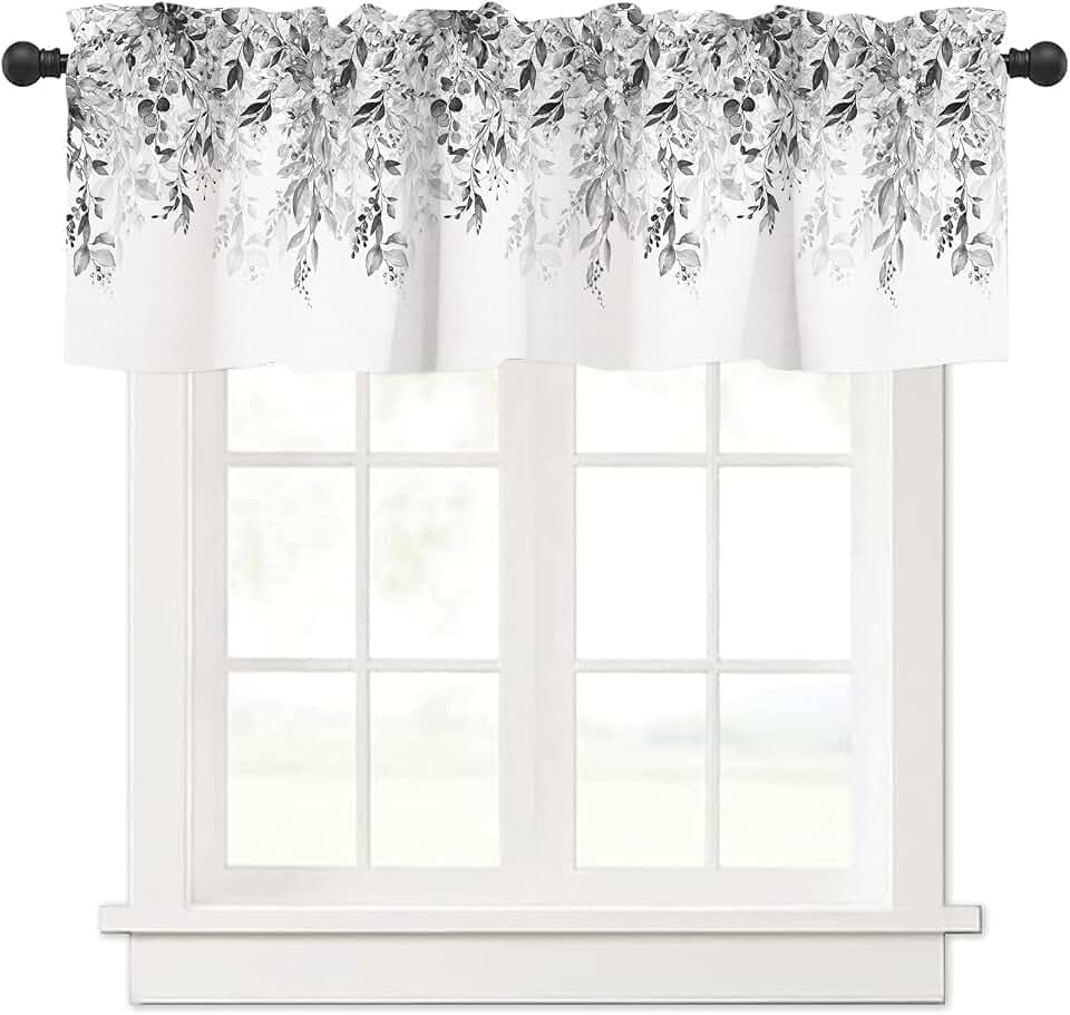 Gray Eucalyptus Valances Curtain Watercolor Sage Grey Floral Plant Leaf Kitchen Rod Pocket Short Panels Botanical Flower Window Treatment Topper Curtains for Living Bedroom 1 Panel 54x18 in