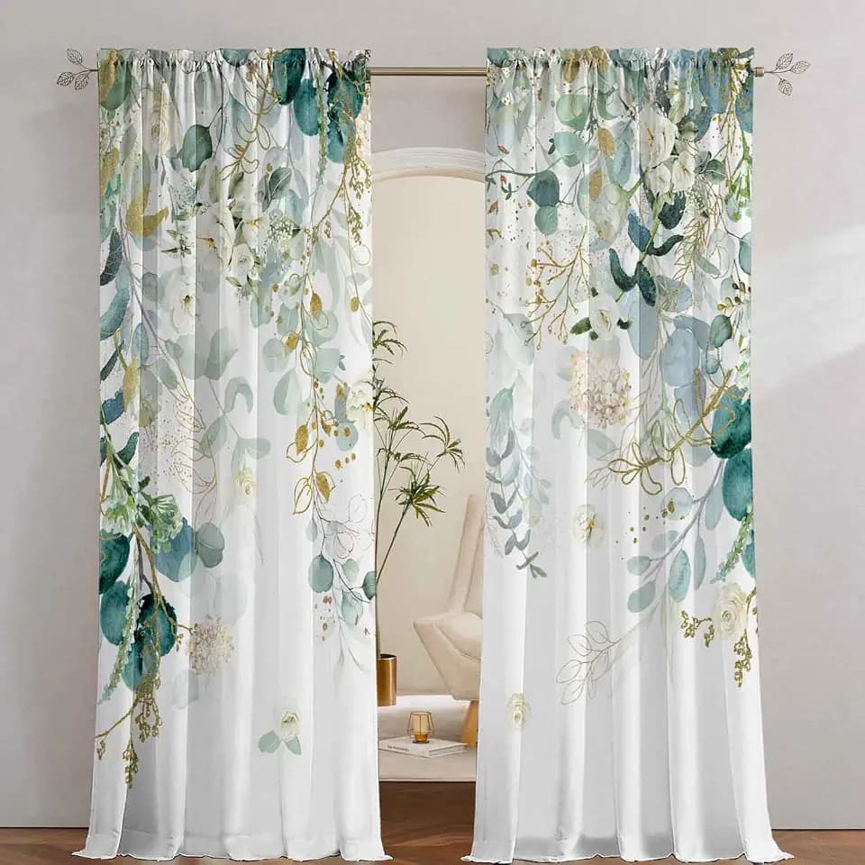 Gold Green Botanical Curtains 96 Inches Long for Living Room Eucalyptus Leaves Light Filtering Curtains Sage Green White Floral Drapes for Bedroom Farmhouse Leaf Flower Printed Door Curtain