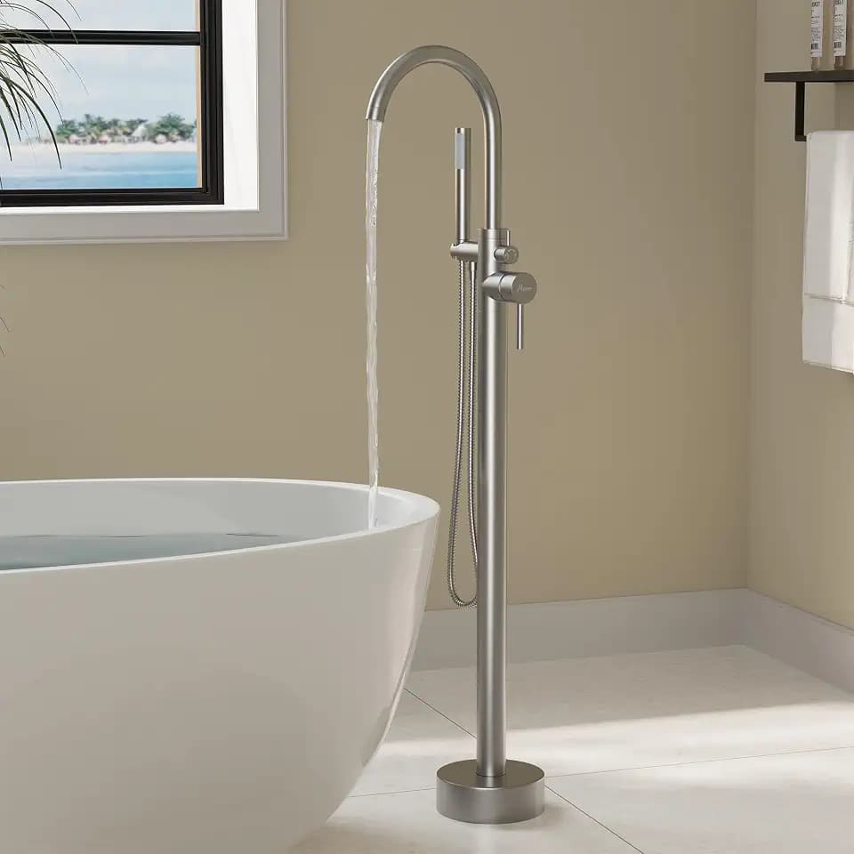 HAWKROWN Freestanding Bathtub Faucet, Floor Mount Bathtub Faucet with 2 Water Outlet Mode, Swivel Gooseneck Spout with Hand Shower, Brass Single Handle Tub filler, Max Flow Rate 7.4 GPM,Brushed Nickel