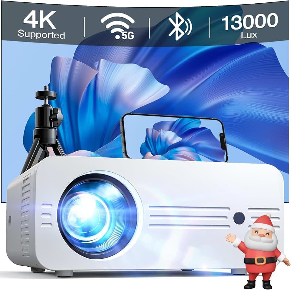 Beamer mit Tasche, Full HD 1080P 4K Unterstützt 13000 Lux, iZEEKER Mini Beamer 5G WiFi Bluetooth, Projektor Handy 300” Heimkino Kompatibel mit iOS Android HDMI TV Stick PS5 (Stativ Inklusive)