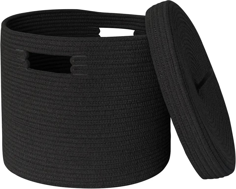 Storage Basket with Lid, 15” x 13” Lidded Blanket Basket Living Room, Black Woven Baskets for Storage, Nursery Kids Cotton Rope Toy Bin Box with Cover, Wicker Laundry Basket Pillow Holder