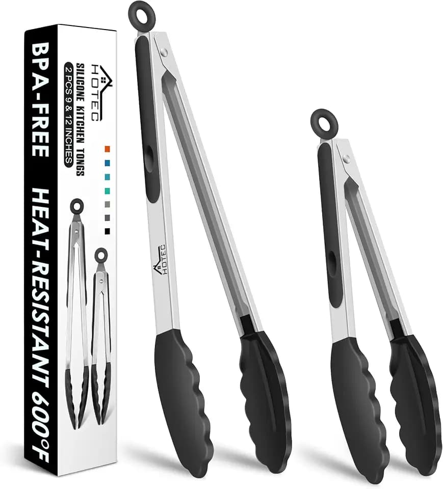 HOTEC Stainless Steel Kitchen Tongs with Silicone Tips, Set of 2-9" and 12"