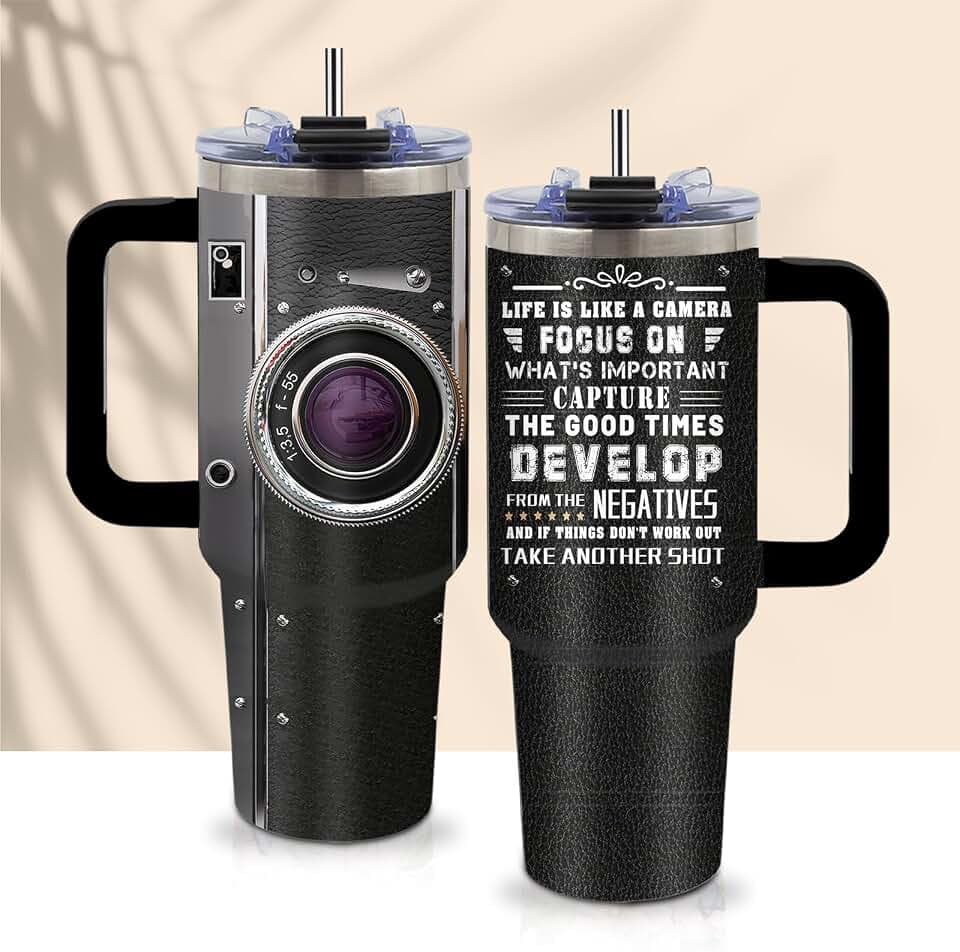 Photographer Gifts for Women Men Tumbler with Handle Straws 40oz Photography Lovers Camera Lens Coffee Cup Mugs, Cool Photographers Birthday Christmas Gift