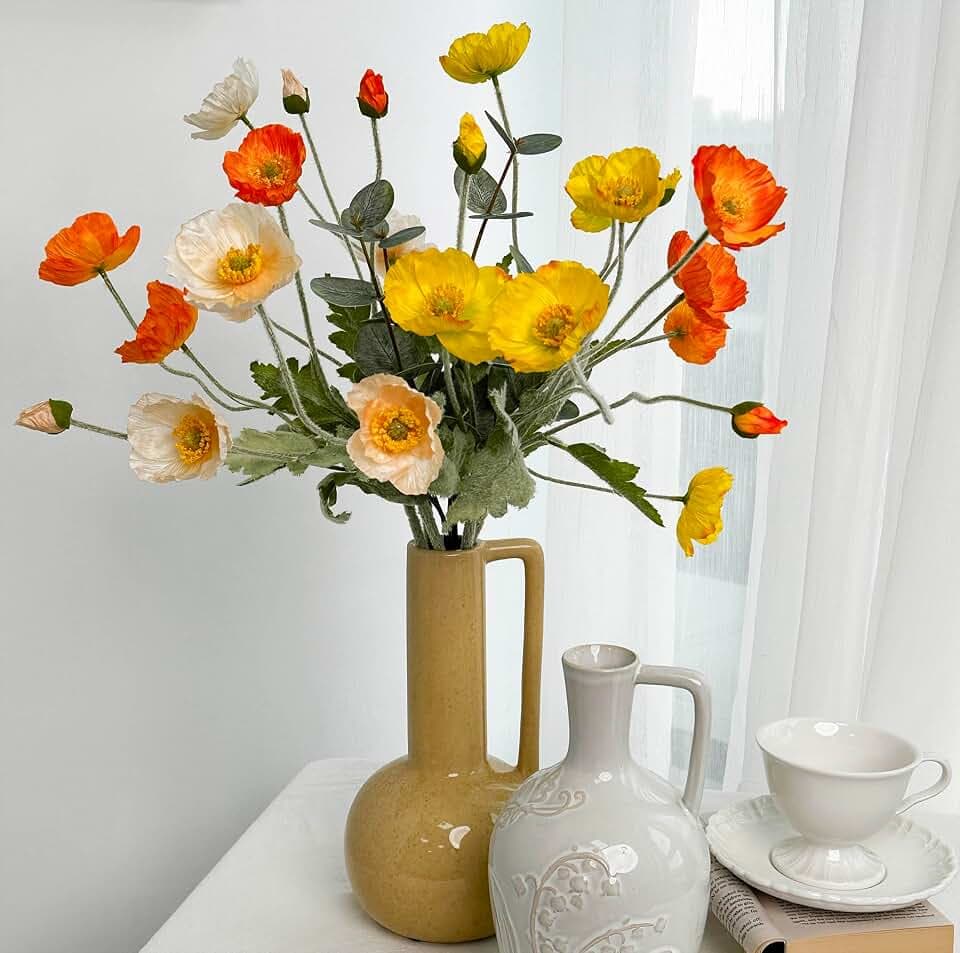Poppy Artificial Flowers and Eucalyptus Stems, Fake Orange and Yellow Champagne Flowers, Silk Flowers Arrangement for Wedding Party Farmhouse Home Office Table Centerpieces Decoration