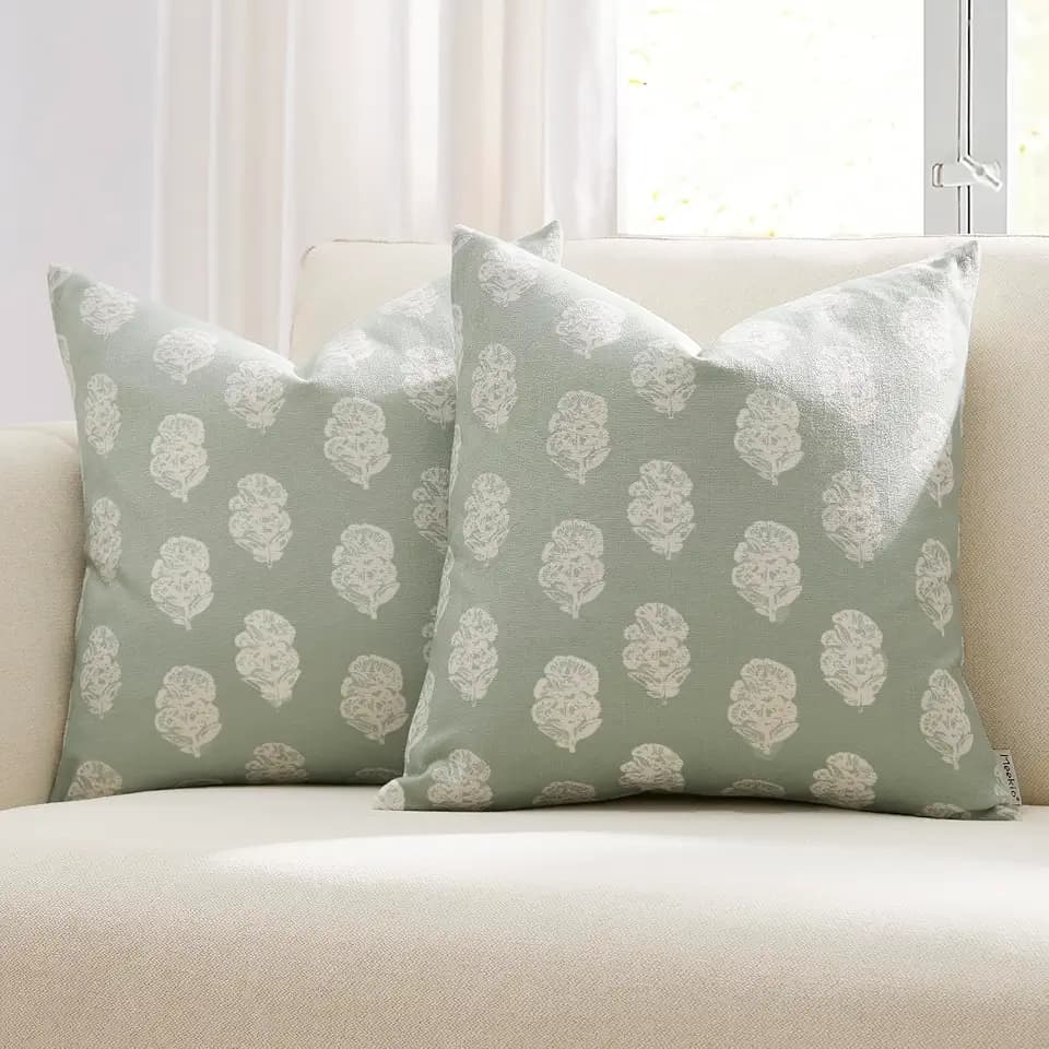 Meekio Floral Block Print Pillow Covers 22x22 Set of 2, Light Sage