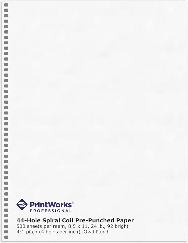 PrintWorks Professional Pre-Punched Spiral Binding Paper - 44-Hole (4:1 Pitch Hole Punch) - Book Binding Printer Paper - Made in the USA - 500 Sheets - 8.5" x 11" - 24 lb - 92 Bright White (04147)