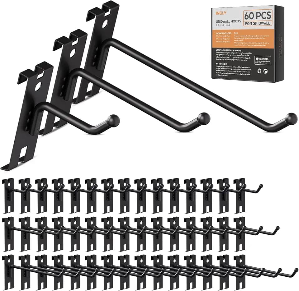 INCLY 60 Pack 2/4/6 Inch Black Heavy Duty Gridwall Hooks