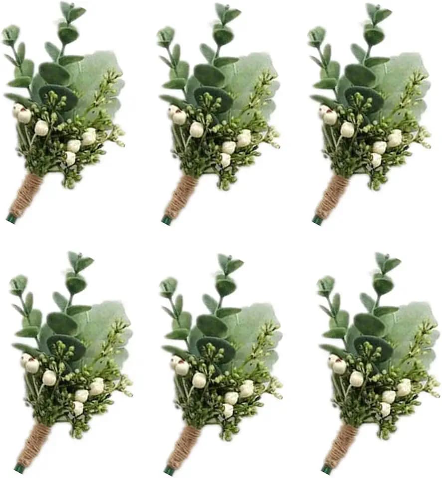Green Eucalyptus Boutonniere for Men, Artificial Succulent Plant Leaves Realistic White Berry for Wedding Prom Homecoming Outdoor Events Decor 6 Pcs