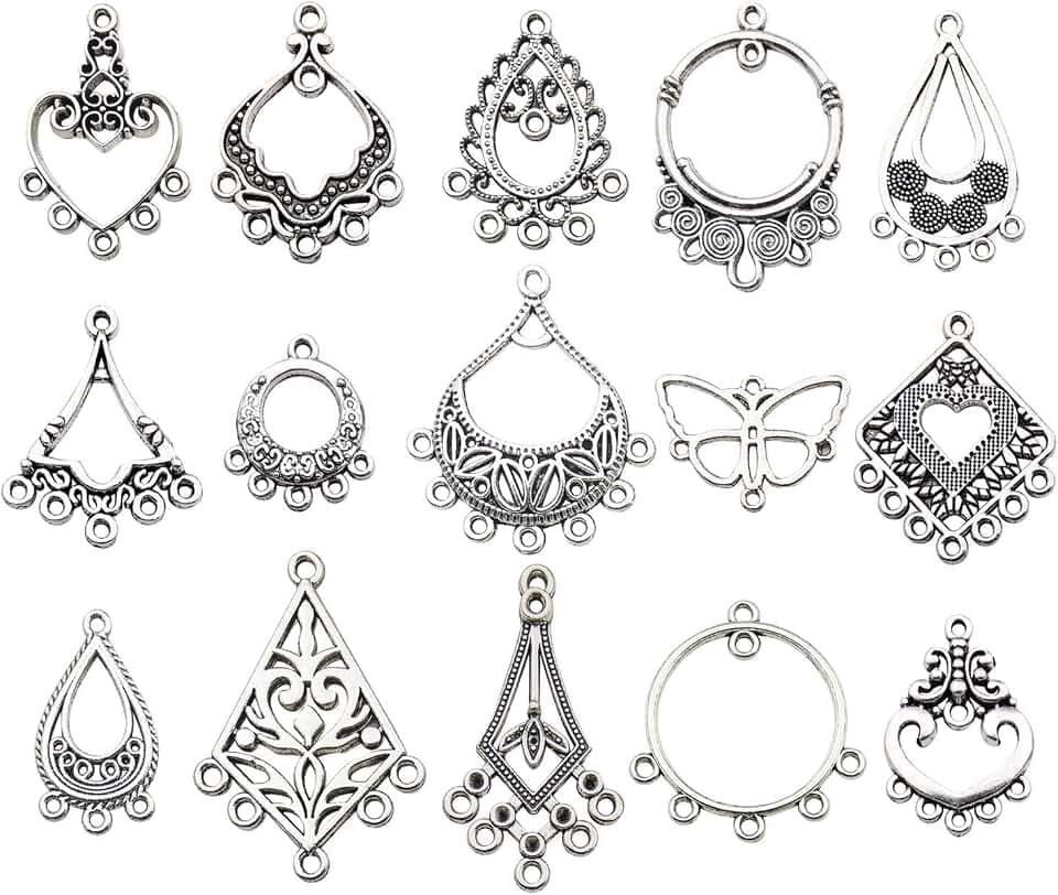 Youdiyla 60 Vintage Hoop Earring Charms Collection, Antique Silver Tone, Large Filigree Chandelier Connector Metal Pendant Craft Supplies Findings for Vintage Hoop Earring Making (HM268)