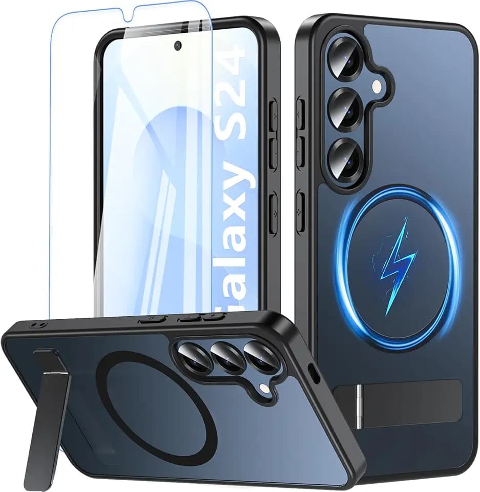 für Samsung Galaxy S24 Hülle mit Ständer+Panzerglas-Magnetische Handyhülle,TOP Militärschutz S24 Case mit Flachständer für MagSafe,Stoßfest Kratzfest Schutzhülle Galaxy S24 mit Kameraschutz-Schwarz