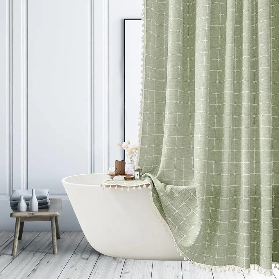 80In Green Farmhouse Boho Style Tassel Shower Curtain for Bathroom