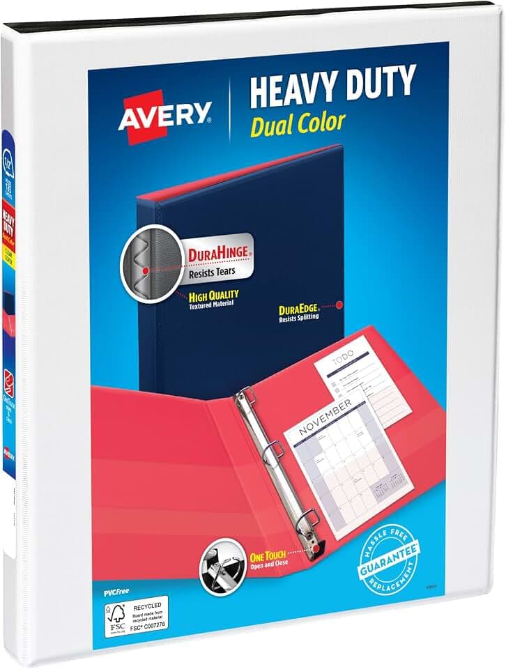 Avery® Dual Color 3 Ring Binder, 1/2" Slant Rings, 1 White Binder
