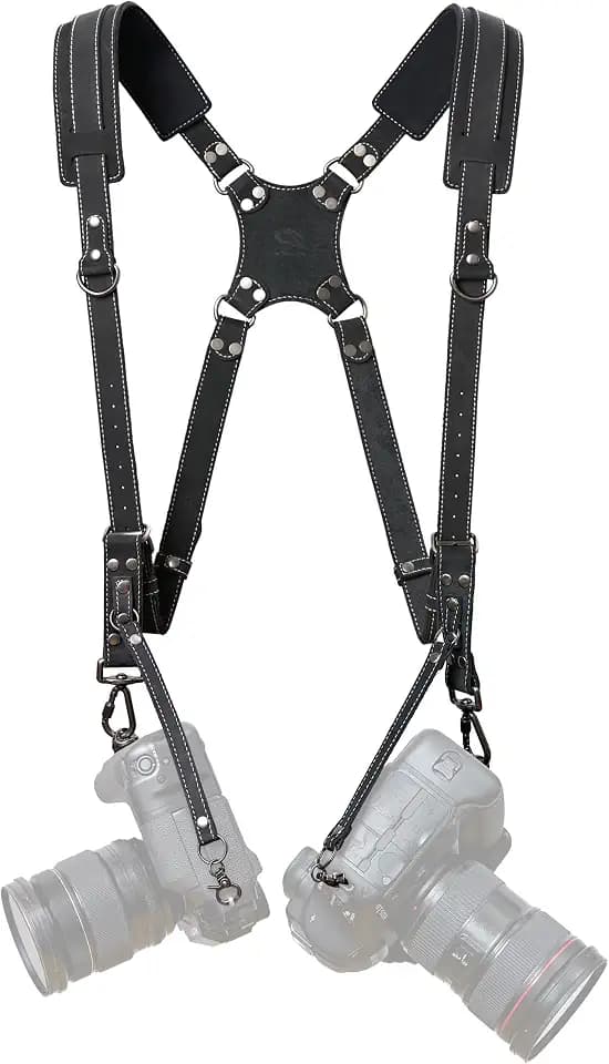 Padwa Lifestyle Mattierter Schwarzer Dual-Kamera-Gurt für zwei Kameras, Doppelschultergurt aus Vollnarbenleder, Multi-doppelte Kamera-Ausrüstung für DSLR/SLR-Gurt, Doppel-Kamera-Gurt für Fotografen