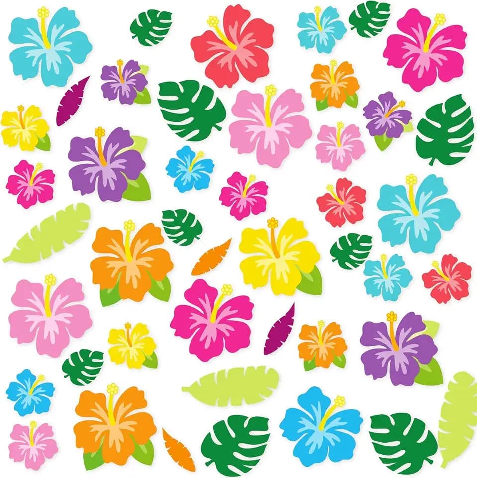 Bulletin Board Decorations, Tropical Classroom Decoration, 49pcs Hawaiian Flowers Decoration Cutouts Set with Glue Points for Summer Hawaii Luau Flamingo Jungle Floral Classroom Party Door Wall Decor