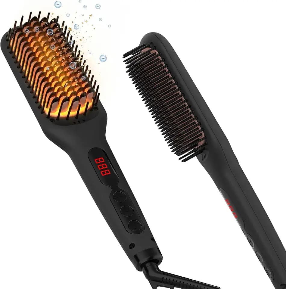 MEGAWISE Black Ceramic Ionic Straightener Brush, 20s Fast Heat, Dual Volt