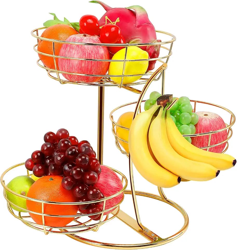 Livabber Fruit Basket Bowl with Banana Hanger, Fruit Vegetable Storage Basket with Banana Tree Holder for Kitchen Counter, Detachable Organizer for Bread Snack Produce (Gold, 3-Tier Metal Base)