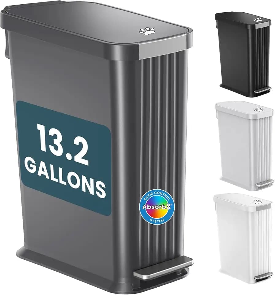 iTouchless 13.2 Gallon / 50 Liter Dog Poop Trash Can with Lid & AbsorbX Odor Filter, Indoor & Outdoor Rust-Proof Pet Waste Bin, Soft-Close Step Pedal, Large Capacity, Matte Gray