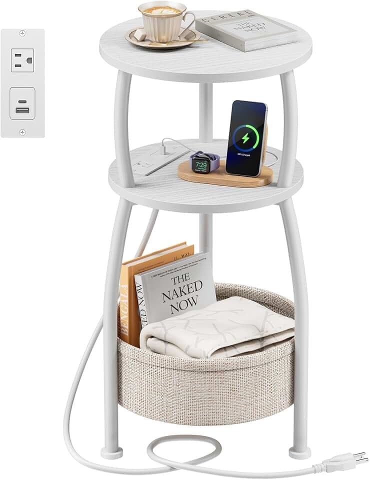Side Table with Charging Station, Small Round End Table with Basket