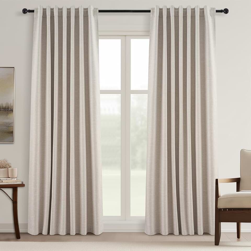 Topfinel 132 Inch Long Blackout Burlap Custom Curtains Natural Linen Tweed Pleated Window Coverings Nursery Winter Boho Farmhouse Heat Sound Block Back Tab Curtains for Large Bay Window