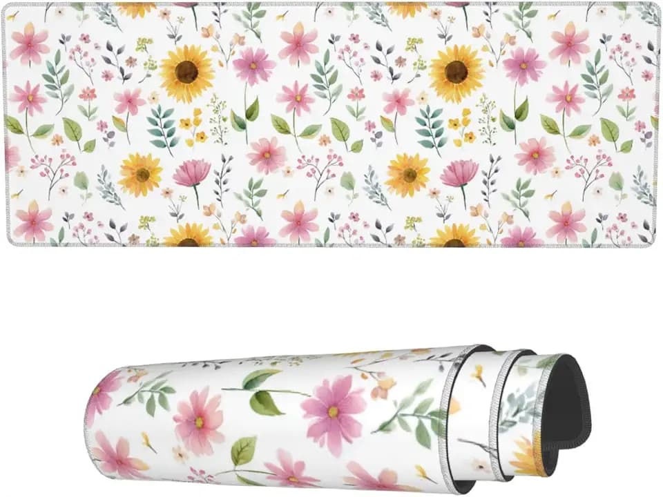 Spring Watercolor Pink Yellow Sunflower Floral Large Mouse Pad Extended Gaming Mousepad 31.5X11.8 Inch XL Big Computer Keyboard Desk Mat with Non-Slip Base and Stitched Edges for Home Game Office