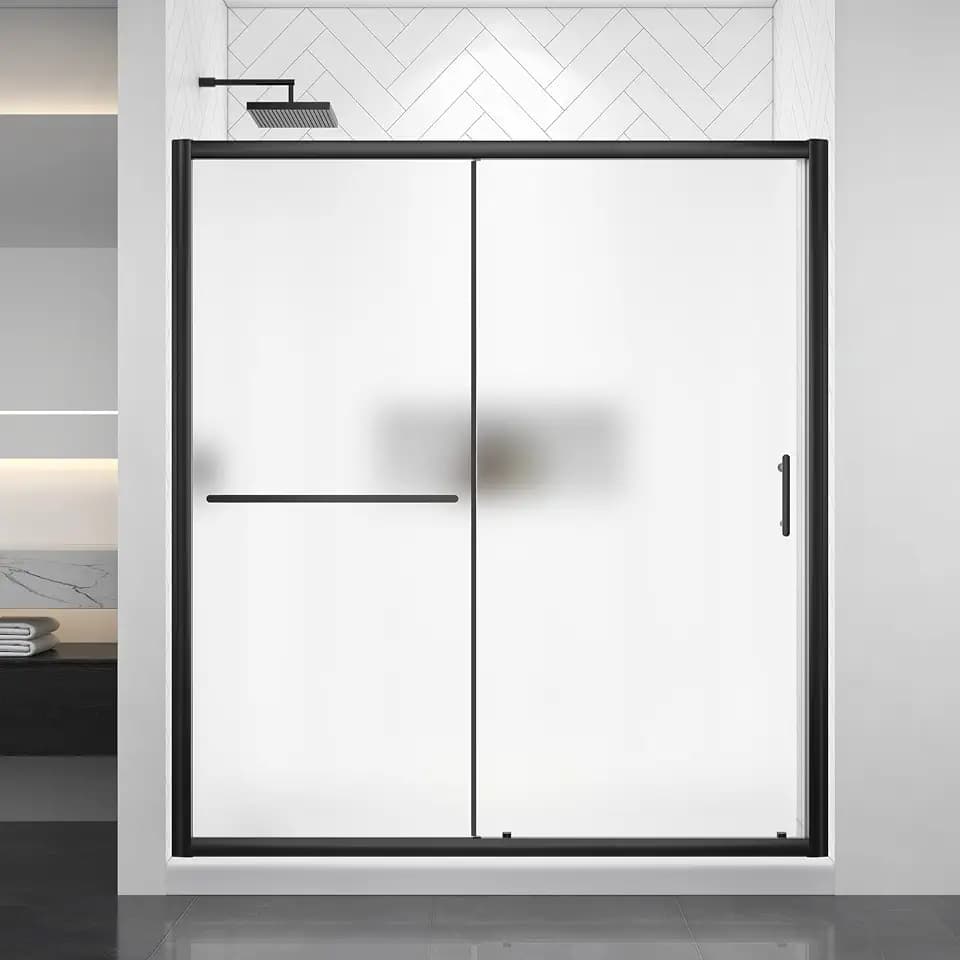 Frosted Sliding Shower Door 61-66" W x 72" H, Matte Black, Single Sliding Door, Framed, 1/4" (6mm) SGCC Tempered Glass, Reversible Installation