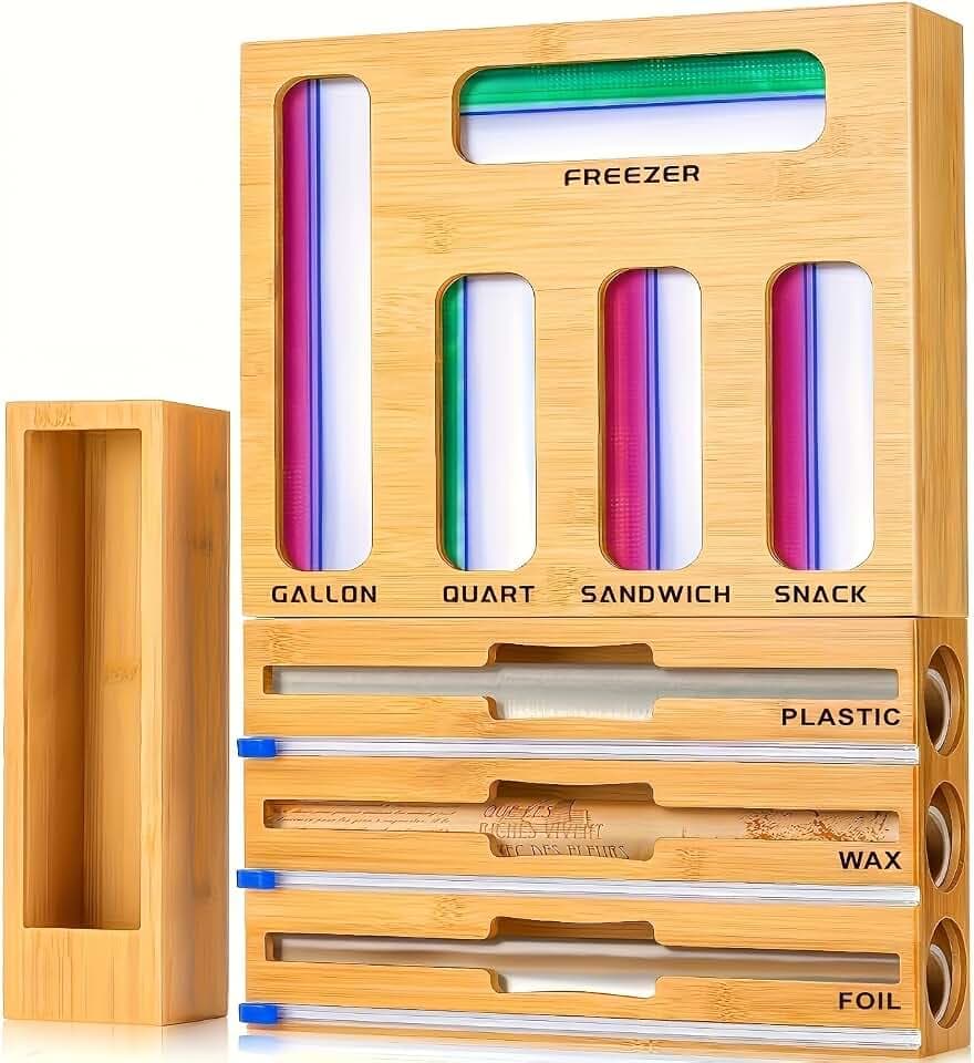 LDQ 9-in-1 Shatterproof Square Bamboo Storage Box - Aluminum Foil Dispensr with Cutter, Reusable Quarter Multi-Functional Sealed Bag Organizer for Kitchen Drawers, Walls, and Cabinetse