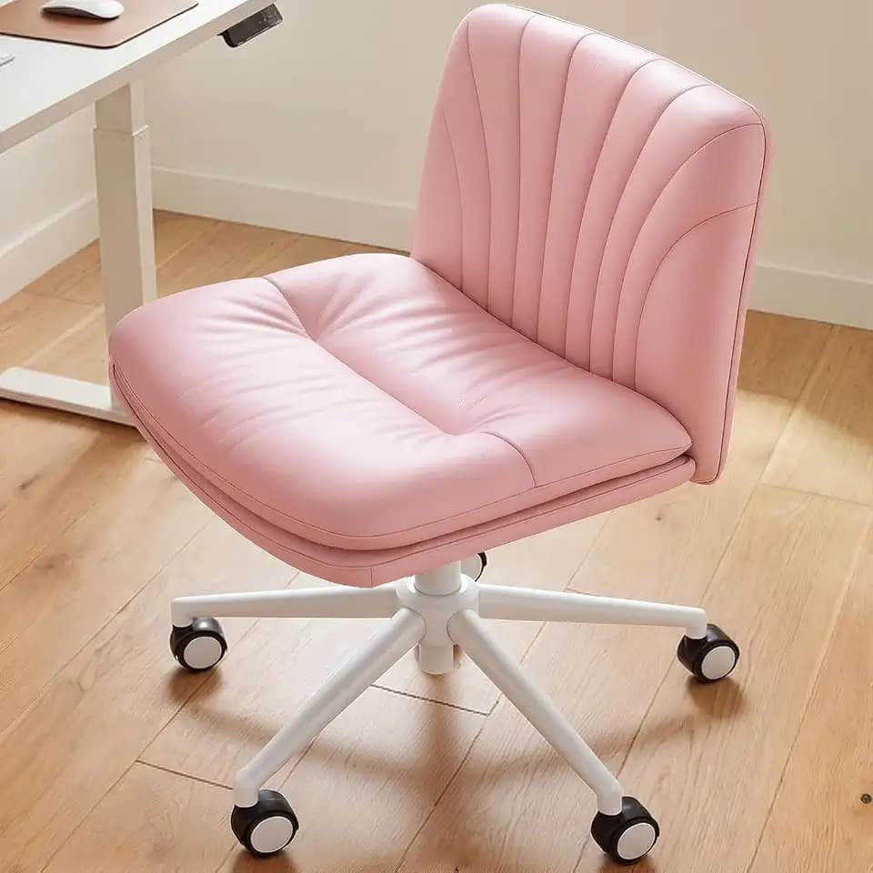 Marsail Armless-Office Desk Chair with Wheels: PU Leather Cross Legged Wide Chair,Comfortable Adjustable Swivel Computer Task Chairs for Home,Office,Make Up,Small Space,Bed Room, Pink